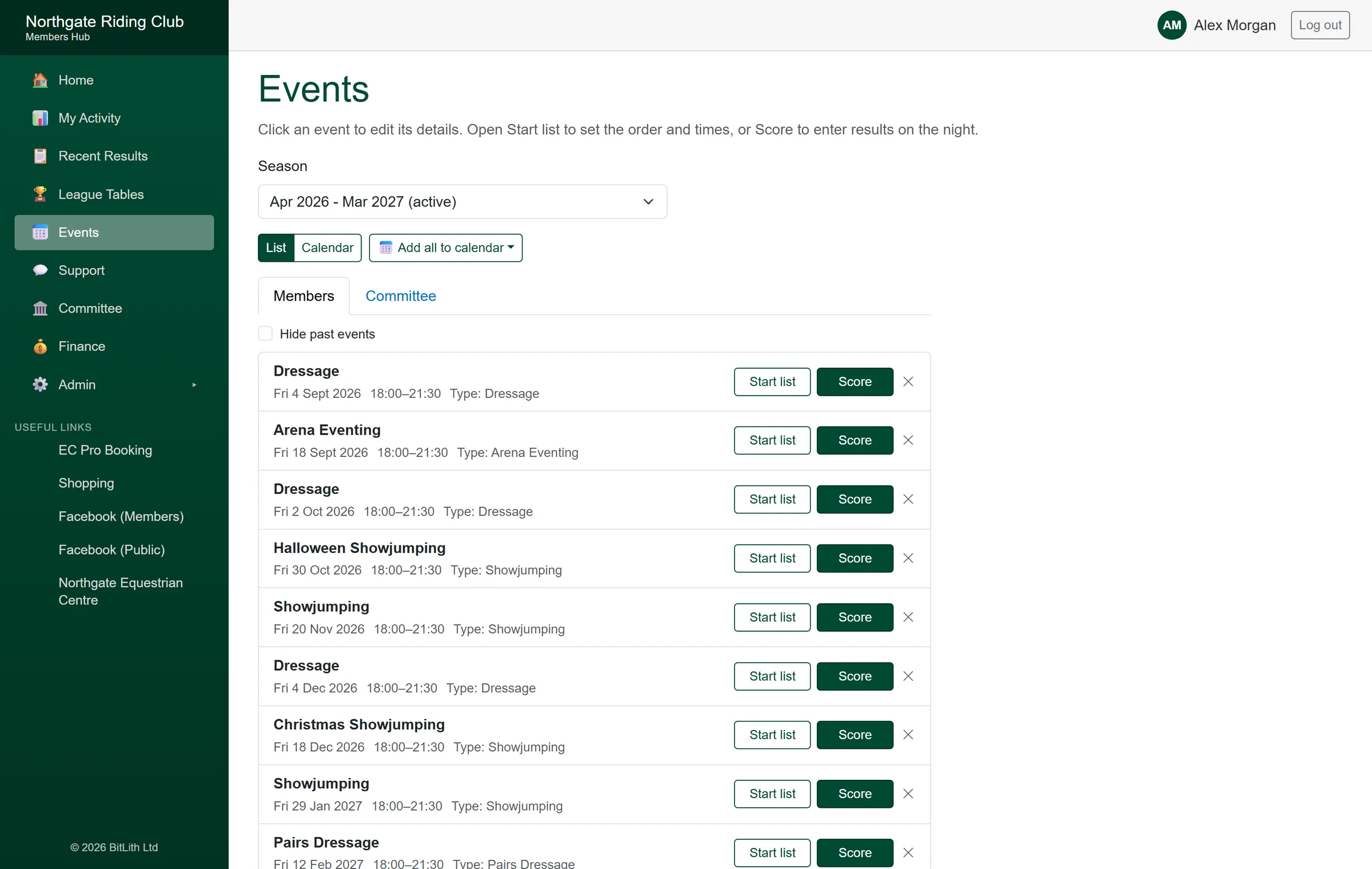Members Hub screenshot: the season calendar and event list.